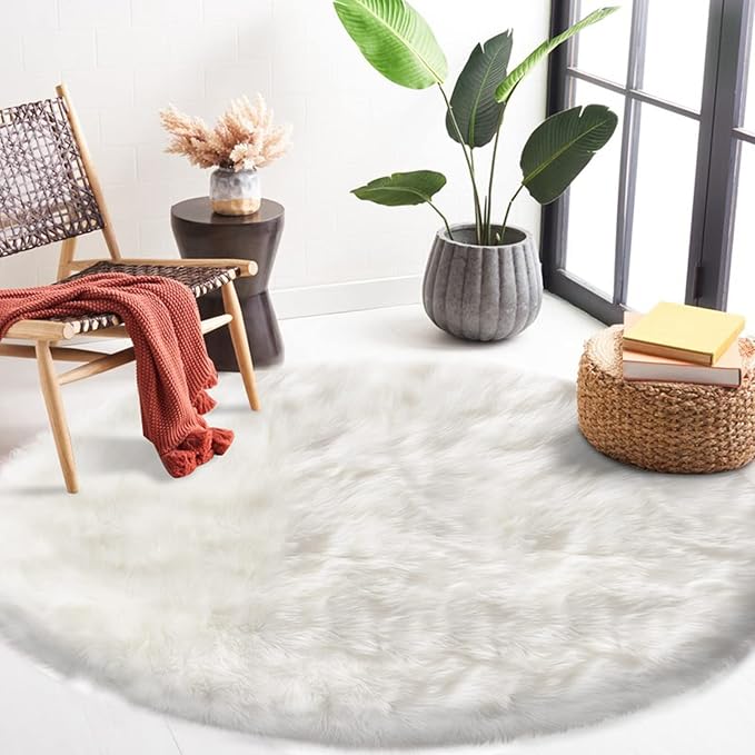 Latepis White Round Rug 5ft Faux Fur Sheepskin Circle Rug - Image 7