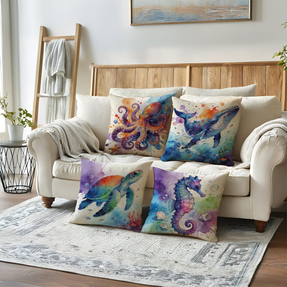 Marine Life Throw Pillow Case Turtle Octopus Seahorse Whale Decorative Pillowcases Coastal Ocean Cushion Covers 18 X 18 Inch,4Pack Nautical Pillow Covers for Summer Beach House Decor(Purple/Blue)