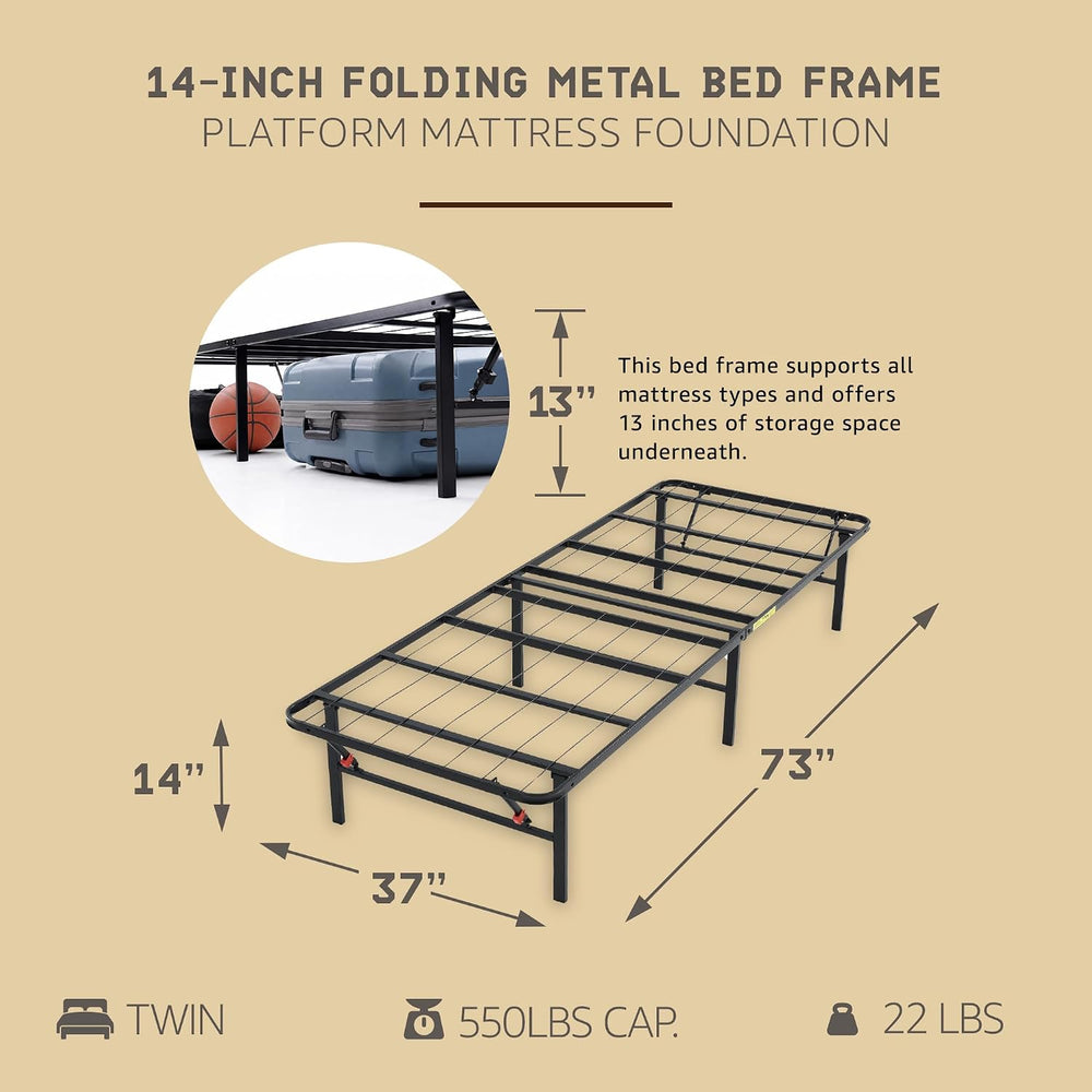 Hercules 14 Inch Folding Metal Bed Frame & Mattress Foundation, Twin Size