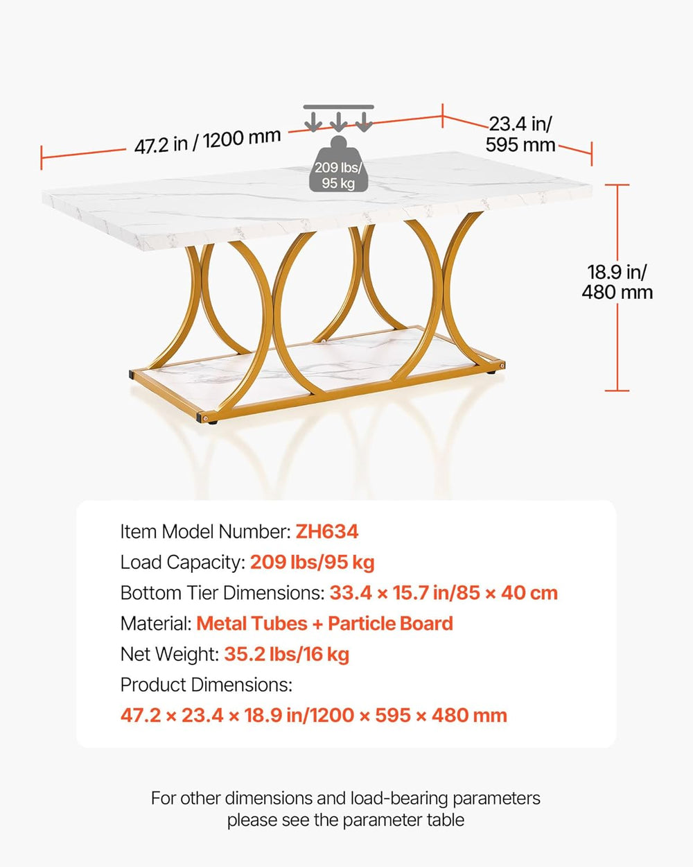 VEVOR Coffee Table, Modern Faux Marble Coffee Table, Large 2-Tier Rectangle C...