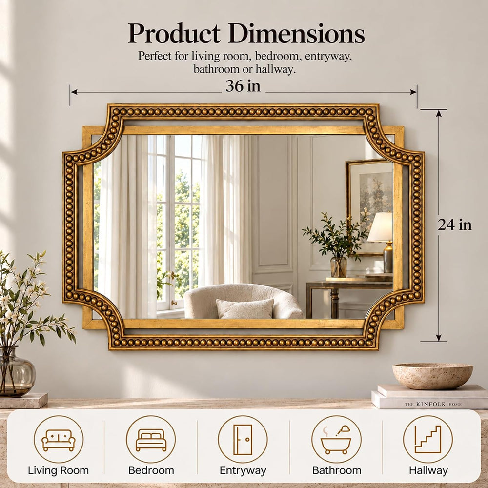 Gold Rectangle Wall Mirror, 36x24 Inch Scalloped Beaded Frame for Bathroom