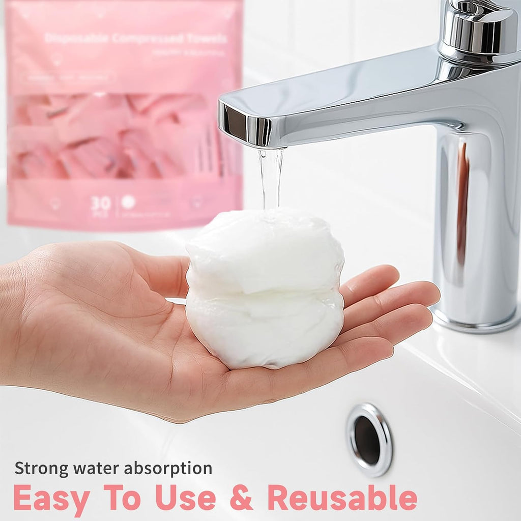 Disposable Compressed Face Towels, Ultra Soft Large Size Compressed Towel Tablets Portable Washcloth Reusable for Travel Camping Hiking Outdoor Sports Beauty Salon (30Pcs)
