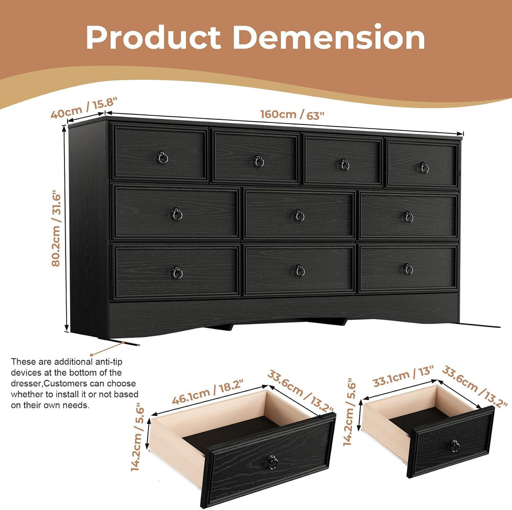 Farmhouse 10 Drawer Dresser for Bedroom – 63'' Long Dresser Wood Ches...