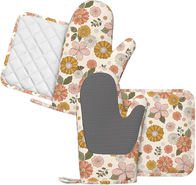 Retro 70s Style Flower Oven Mitts and Pot Holders Set of 4 Silicone Retro Boho - Image 2