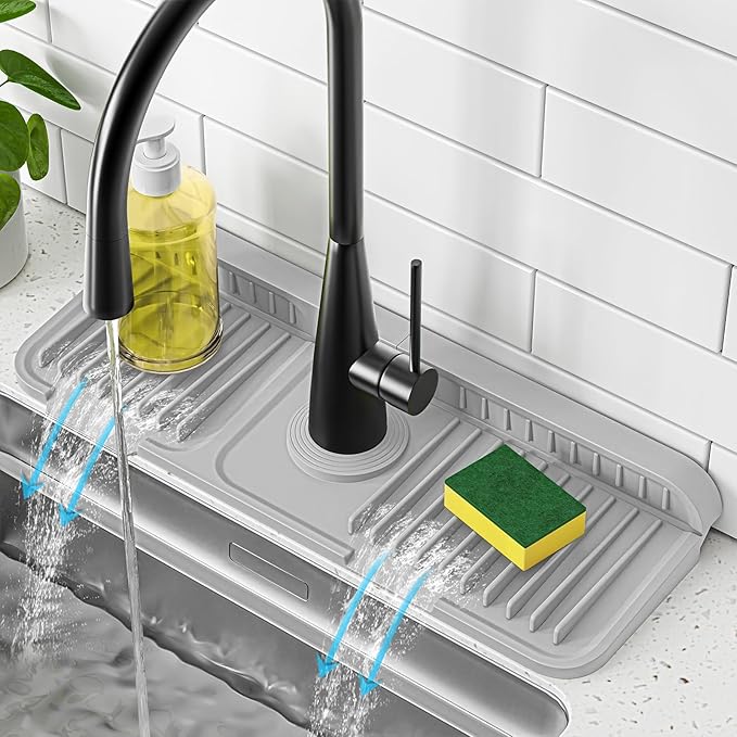 PoYang 14.6 inch Faucet Mat for Kitchen Sink Splash Guard, 7° Slope Silicone by PoYang