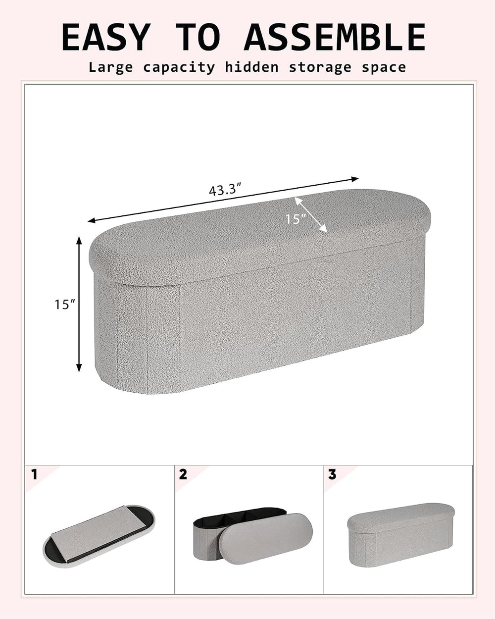 43.3 Inches Foldable Storage Ottoman Bench, Oval Footrest