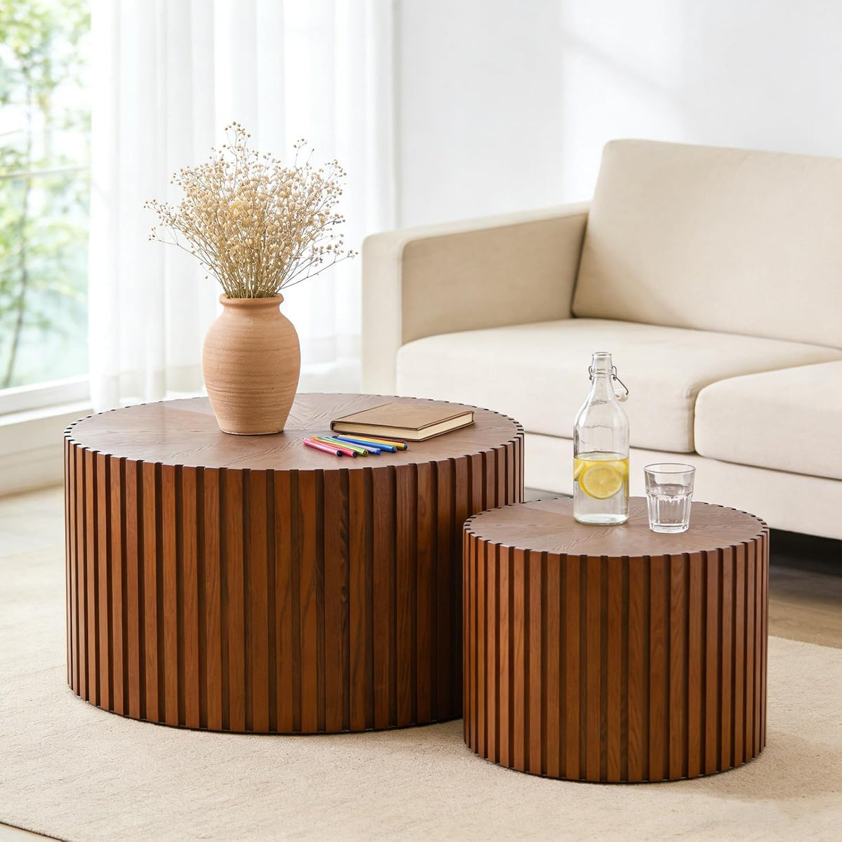 Handcraft Round Nesting Coffee Table (27.6in+19.7in) | Chic Wave Stripe Edge - Modern Stylish Walnut Wooden Circle Fluted Center Table for Living Room