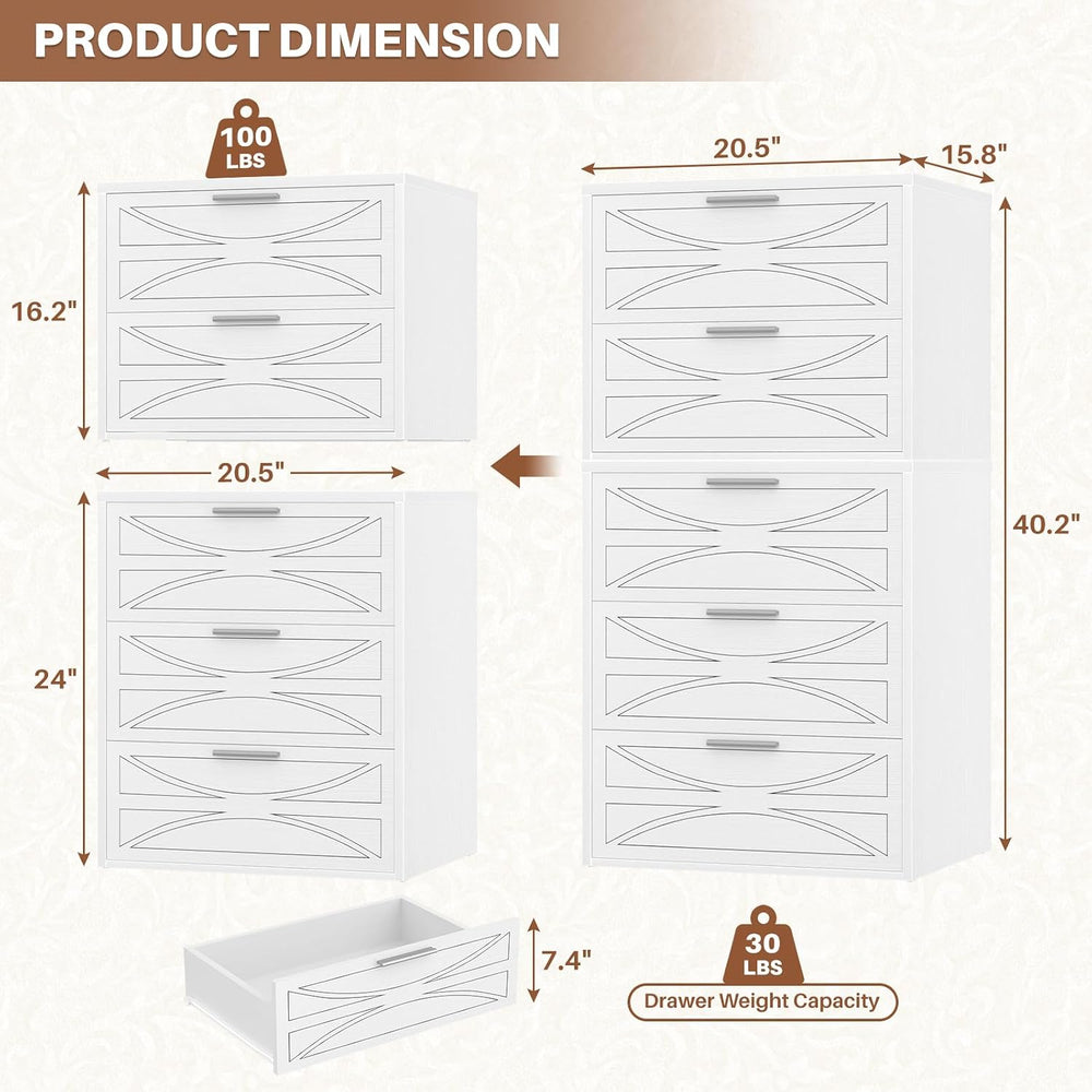 Stackable Dresser for Closet, Wood Closet Storage Drawers, White