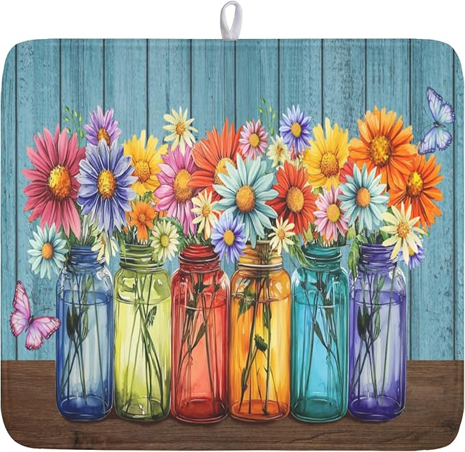 Vintage Floral Dish Drying Mat for Kitchen Counter Rustic Flower Vases Wooden by Unknown