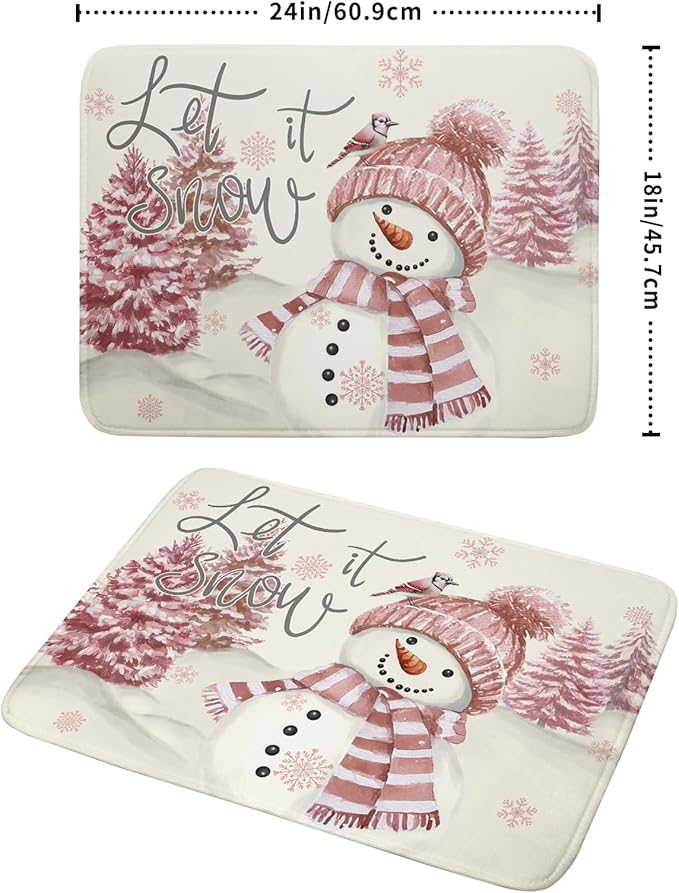 Giwawa Pink Snowman Dish Drying Mat Xmas Trees Bird Winter Snowy Scene Dish - Image 2