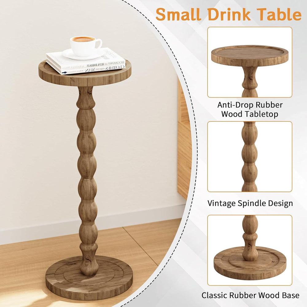 Small Side Table, Rubberwood‌ Drink Table for Small Spaces, Solid Wood Pedest...