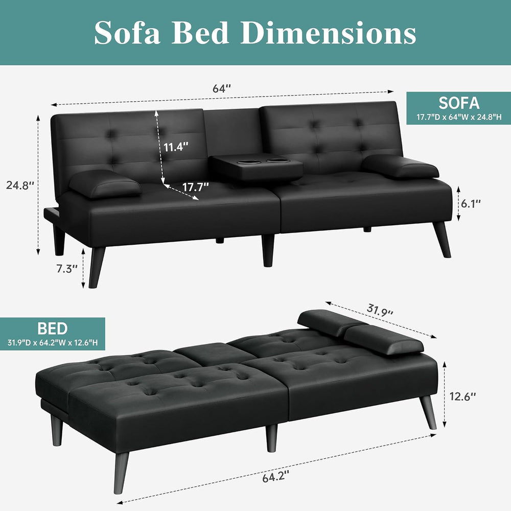 64" Futon Sofa Bed, Small Couch with 2 Cup Holders, Black
