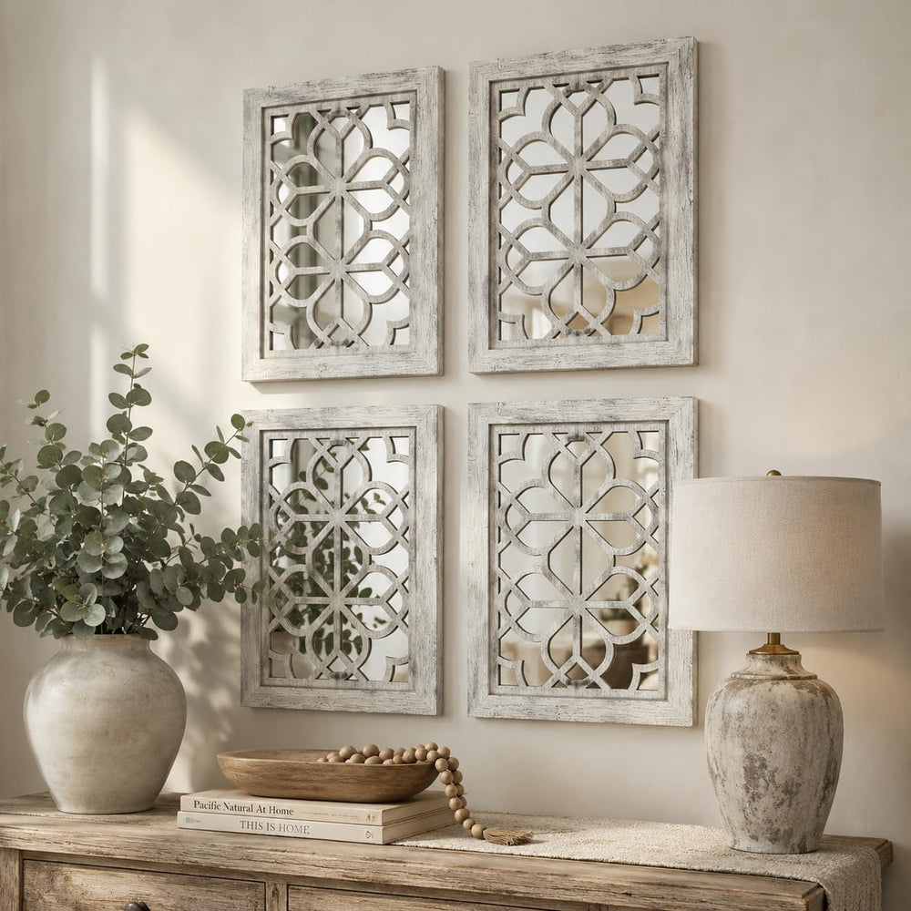 Set of 4 11x15 Inch Rectangular Shatterproof Grey Decorative Wall Mirrors, Bo...