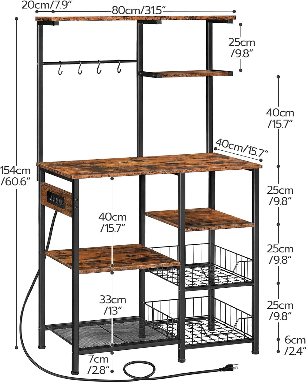 HOOBRO Large Bakers Rack with Power Outlets, 6-Tier Microwave Stand with 4 Ho...