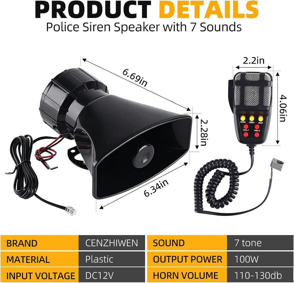 12V Car Siren Speaker PA System, Emergency Alarm Horn with Mic for Truck