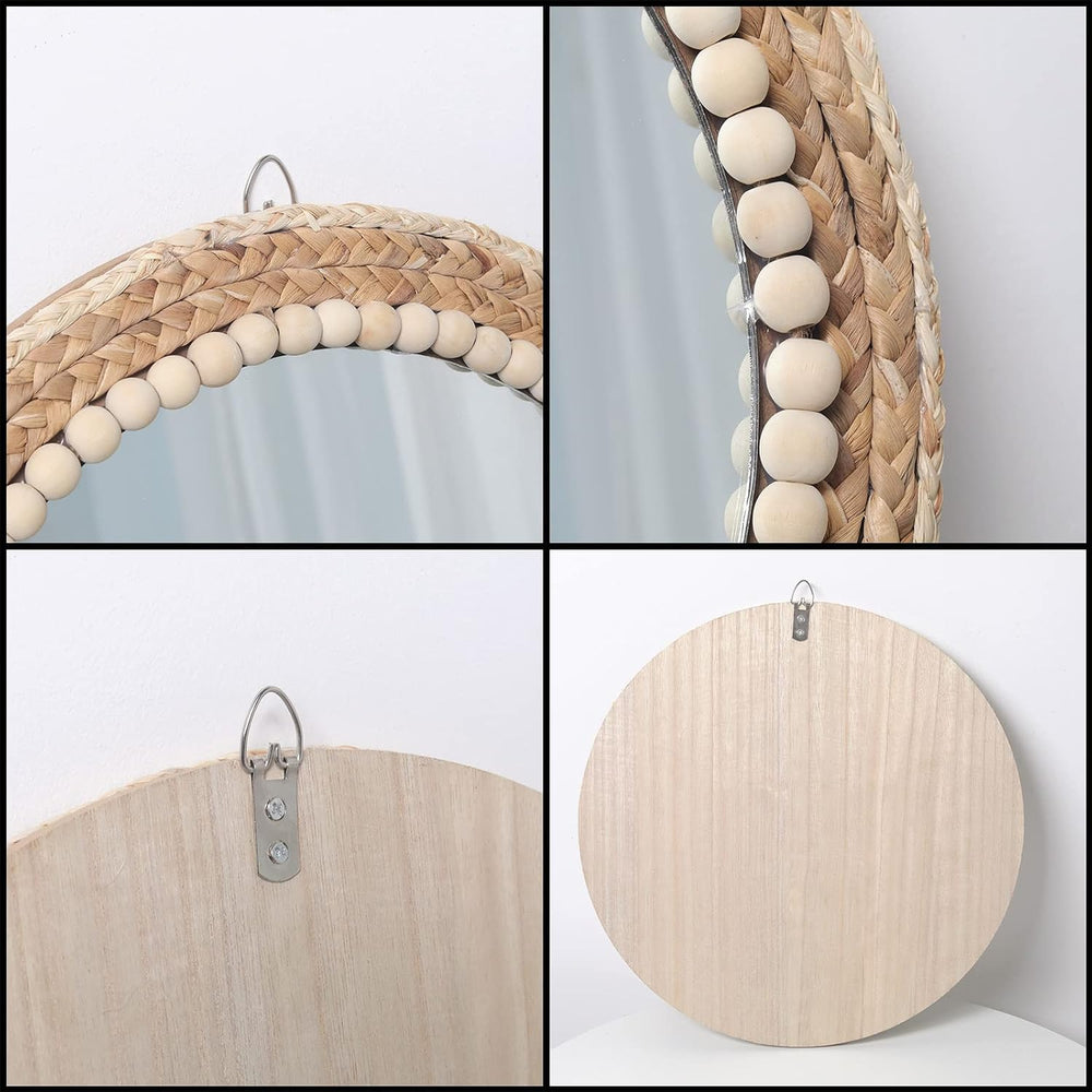 15 Inch Boho Round Hanging Wall Mirror Decorative Rattan Circle Mirrors for F...