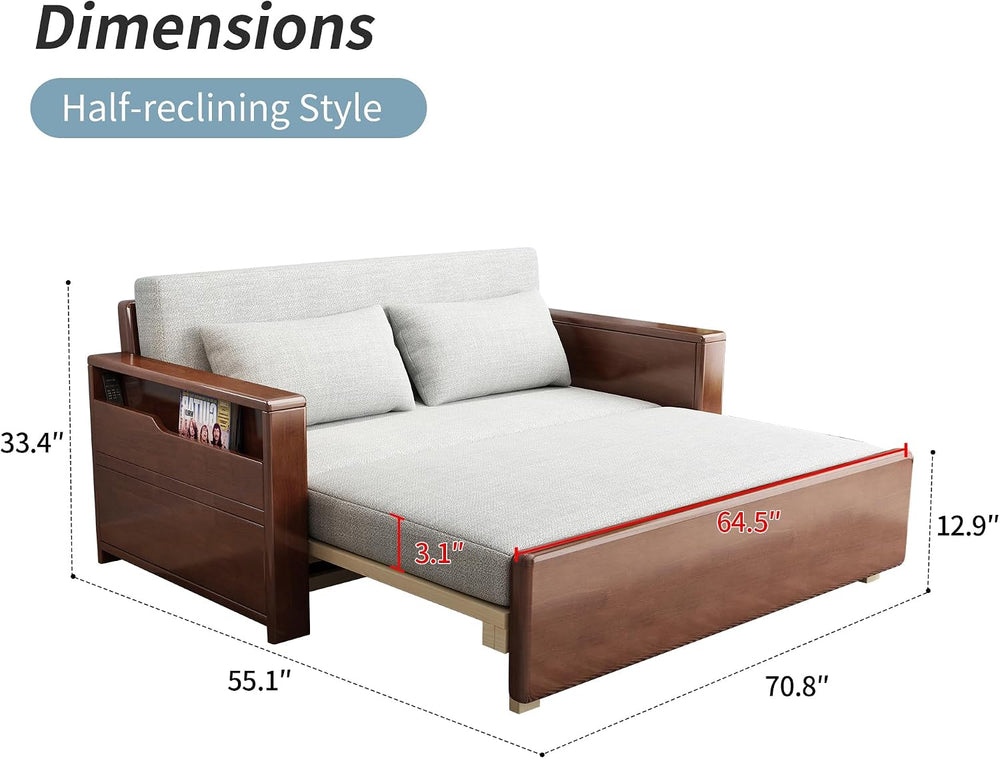 71" 3-in-1 Sleeper Pull Out Sofa, Walnut Solid Wood Frame, Sectional Couch