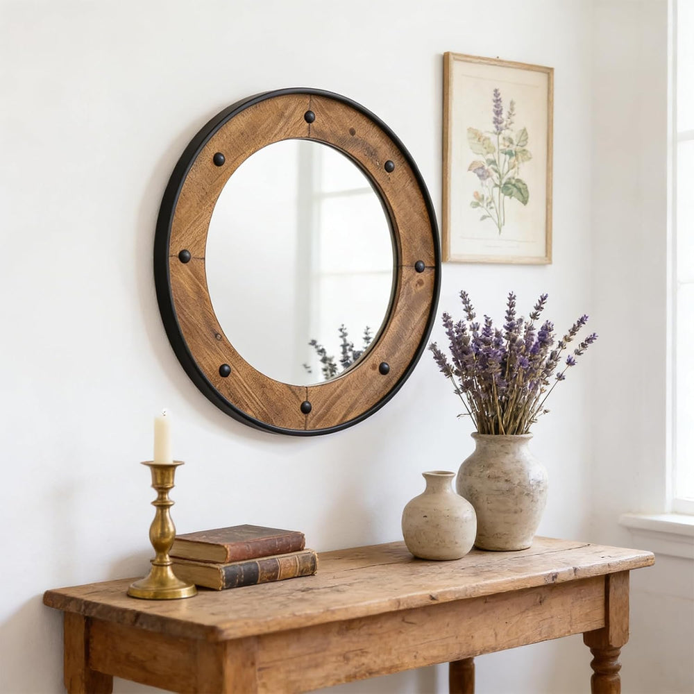 Rustic Round Wall Mirror 30 Inch, Natural Wood Frame with Black Metal Trim, I...