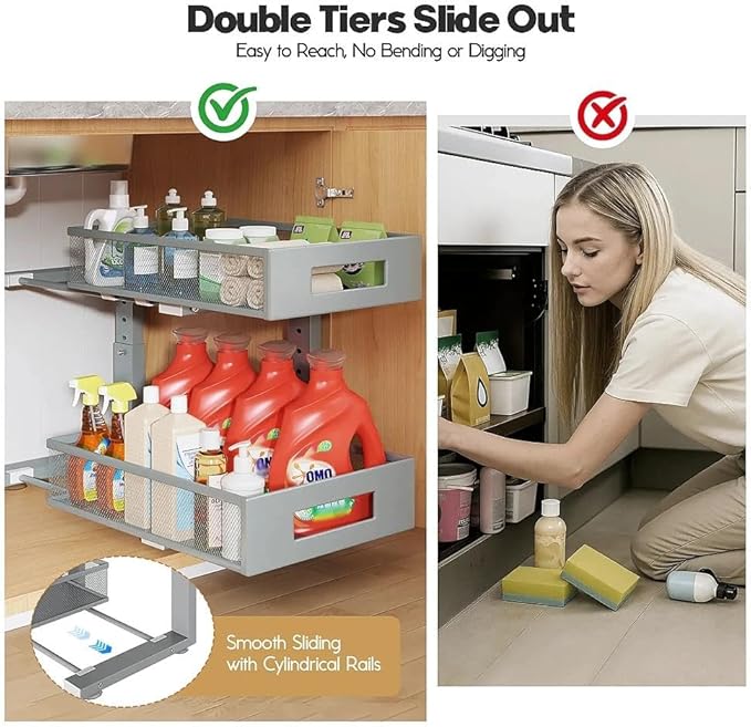 Under Sink Organizer, 2-Tier Dual Pull Out Cabinet Organizer Drawers - Image 4