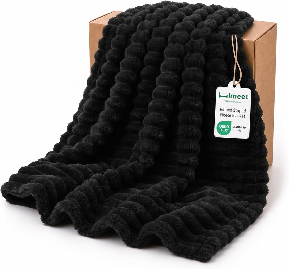 HIMEET Black Queen Size Blanket for Bed, 300GSM Ribbed Fleece, 90 x 90 in