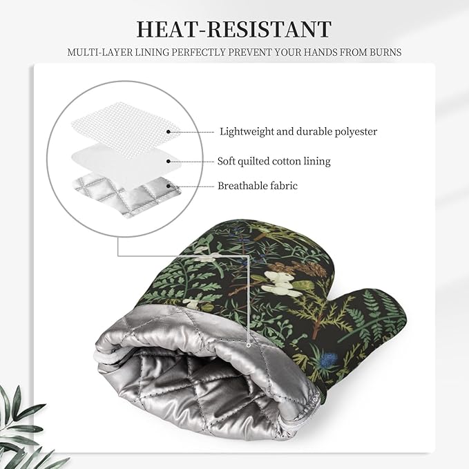 Botanical Print Floral Oven Mitts and Pot Holders Set of 4 Silicone Black Sage - Image 4