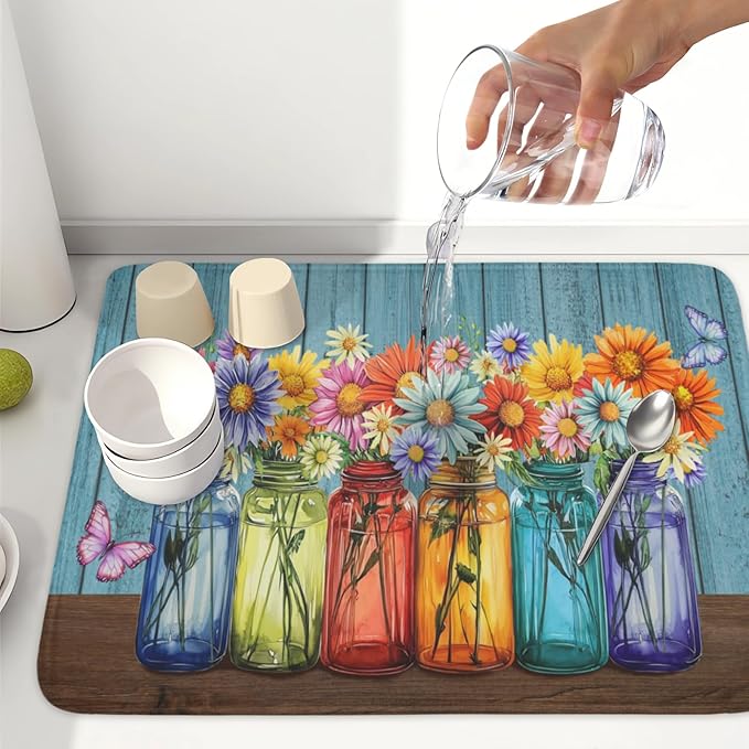 Vintage Floral Dish Drying Mat for Kitchen Counter Rustic Flower Vases Wooden - Image 6