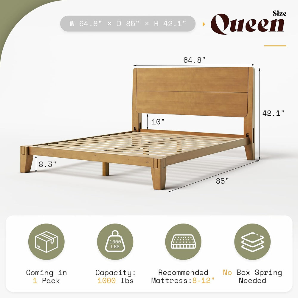 AMERLIFE Solid Wood Queen Bed Frame with Headboard, Japanese Joinery, Brown
