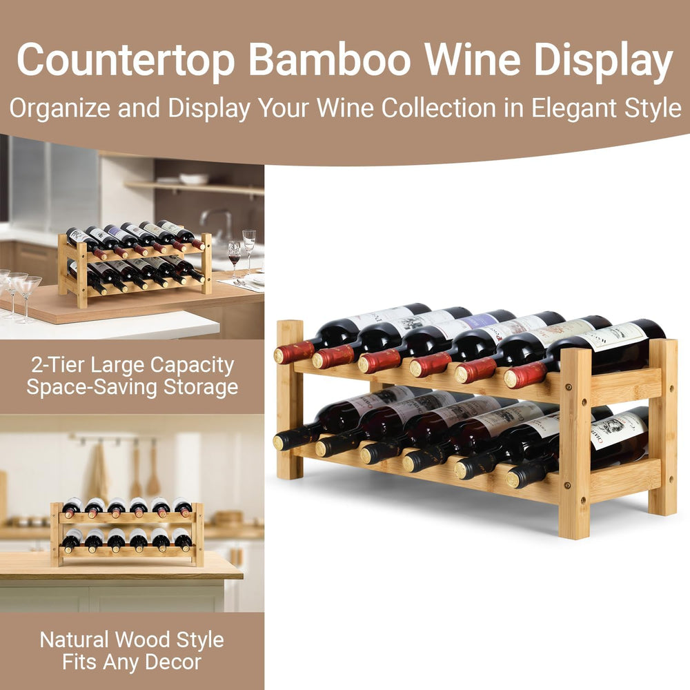 2 Tiers Bamboo Wine Rack Countertop Wine Display Stand Wine Storage Shelf Win...