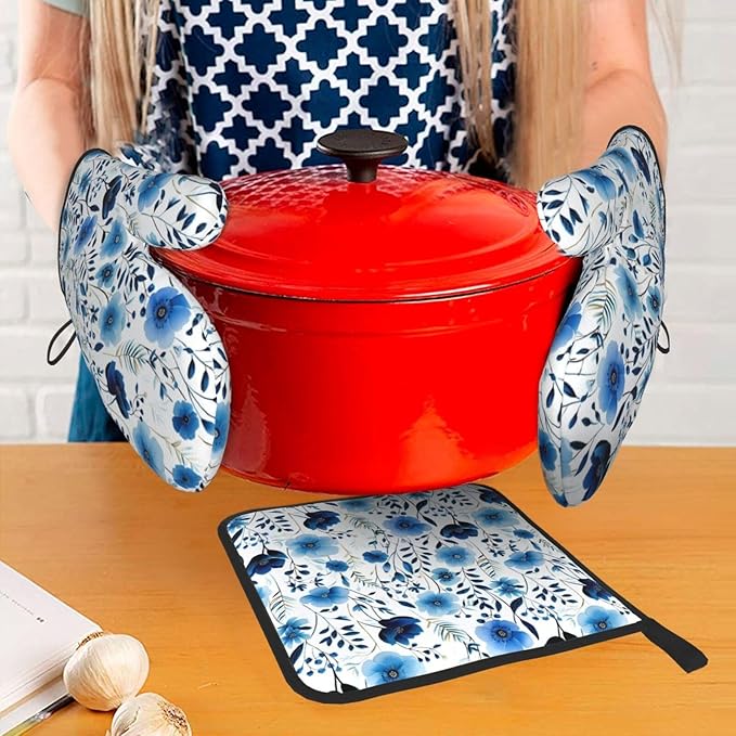Blue Floral Oven Mitts and Pot Holders Sets of 3, Heat Resistant Cute - Image 2