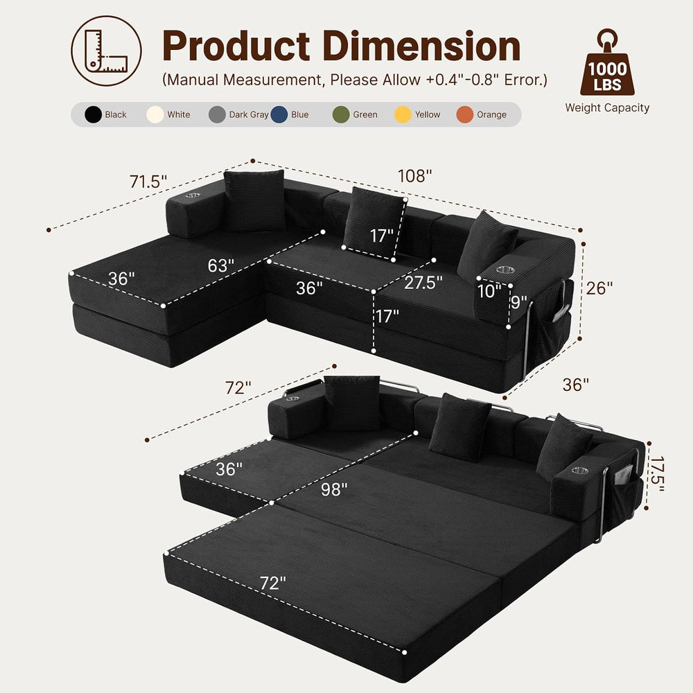 Modular Sectional Sofa, 108" L-Shaped Couch with Deep Seat