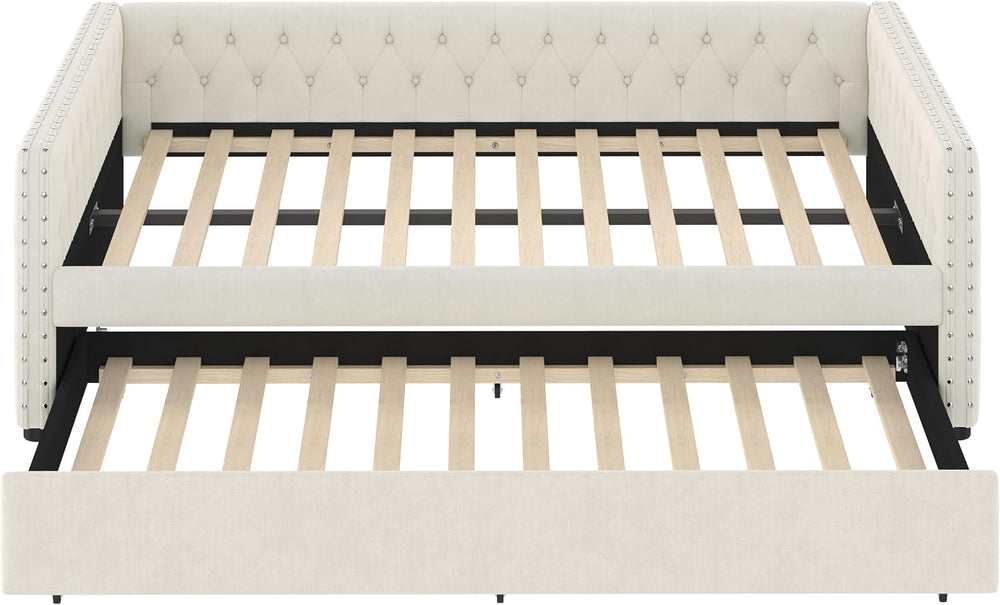 Full Size Upholstered Daybed, Tufted Sofa Bed Frame with Trundle, Corner Day ...