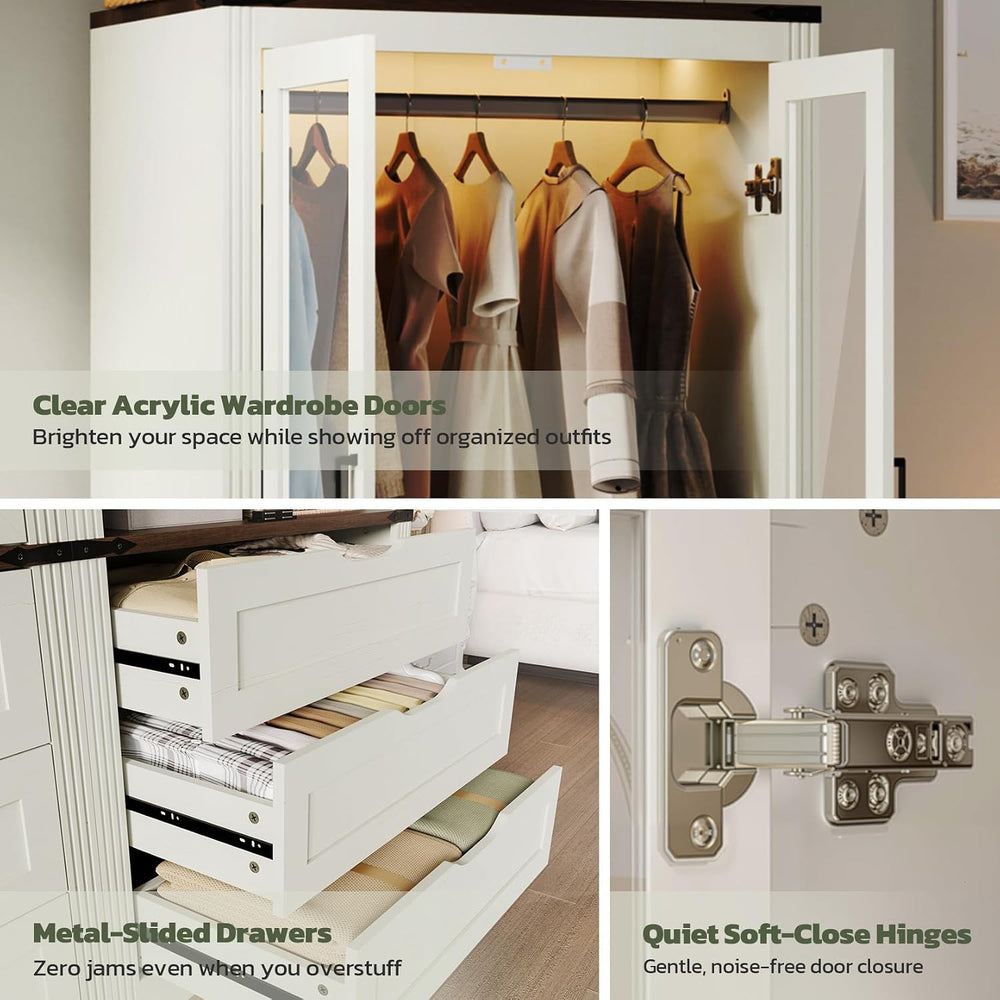 Concho 73'' Wood Farmhouse 4 Doors Armoire Wardrobe Closet with LED L...