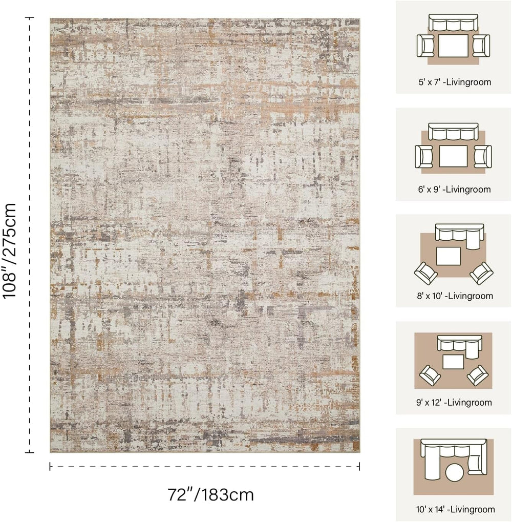Rugxara 6x9 Area Rugs, Washable Beige Abstract Neutral Rug for Living Room