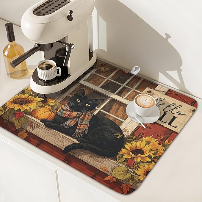 Fall Dish Drying Mat for Kitchen Counter Vintage Autumn Cat Sunflower Pumpkin - Image 7
