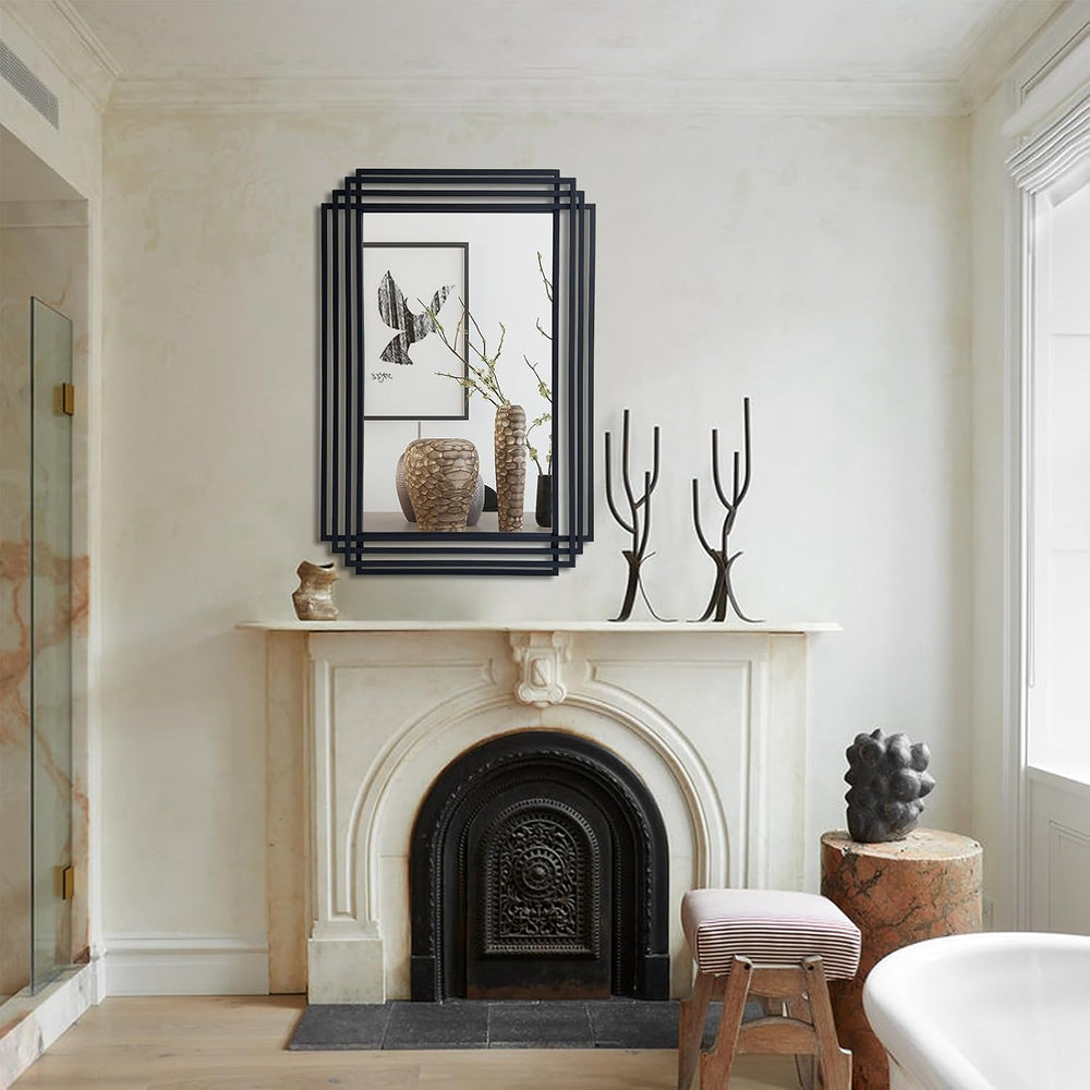 36"x24" Rectangle Decorative Mirror with Black Geometric Frame