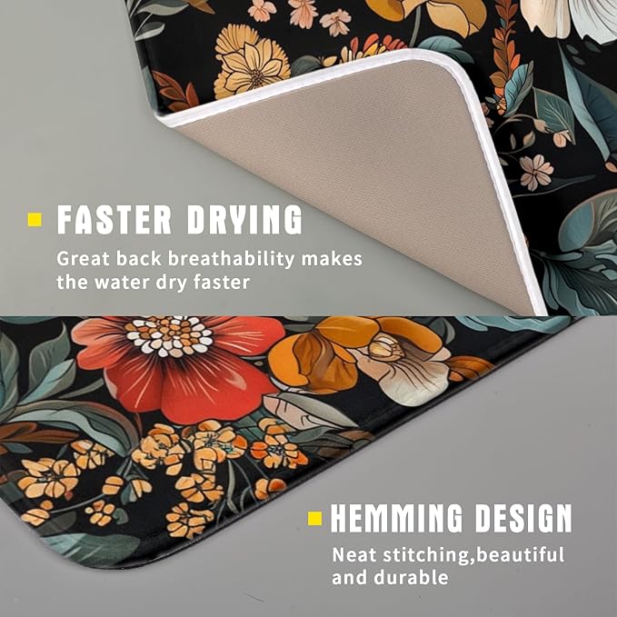 Vintage Floral Dish Drying Mat 16x18 inch Boho Flower Drainer Mats Fast Dry - Image 3