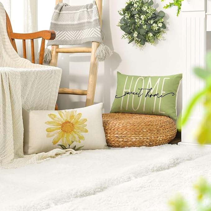 AVOIN colorlife Home Sweet Home Spring Summer Flowers Green Throw Pillow Covers - Image 5