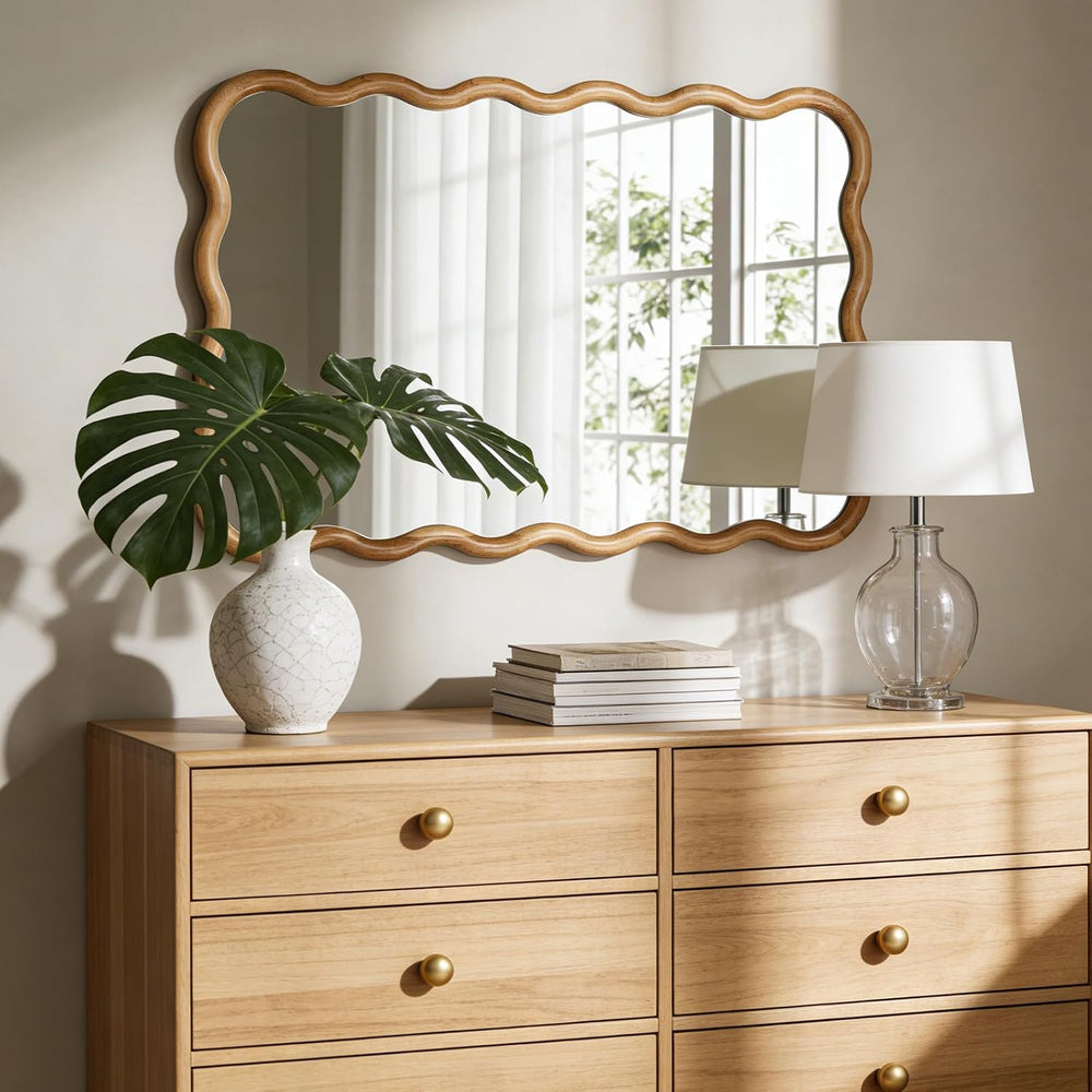 WallBeyond 24"x36" Wavy Wood Mirror, Natural Wood Boho Accent Wall ...