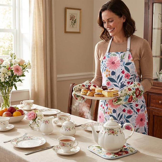 Floral Apron and Oven Mitt Set 3 Piece, Heat Resistant Kitchen Mittens and Pot - Image 6