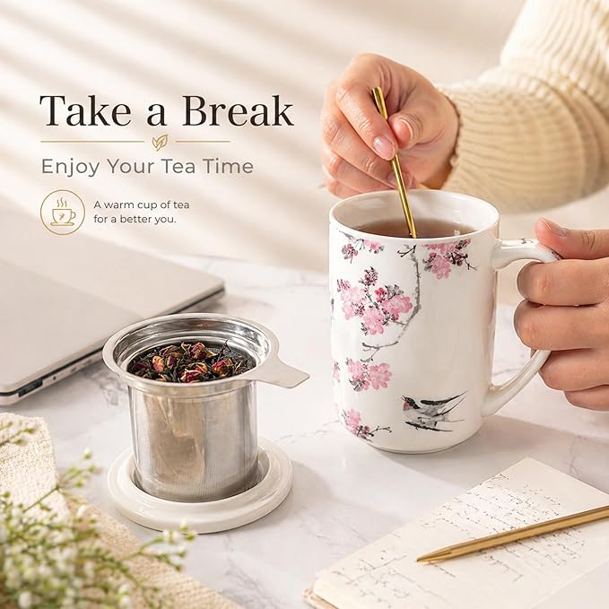 AmorArc Porcelain Tea Mug with Infuser and Lids, 18 Oz Coffee Cup Strainer with - Image 6