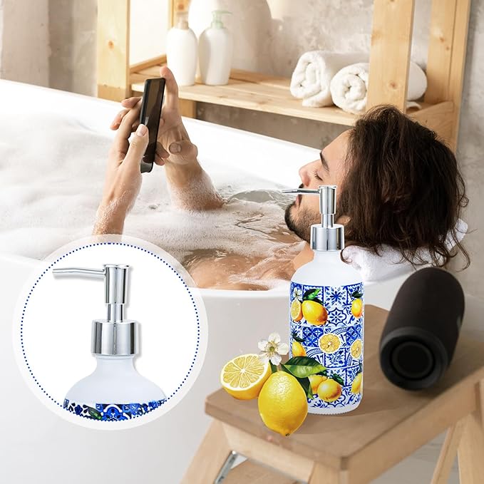2 Pcs Blue Tiles Lemon Soap Dispenser Blue Tile Yellow Capri Lemon Glass - Image 4
