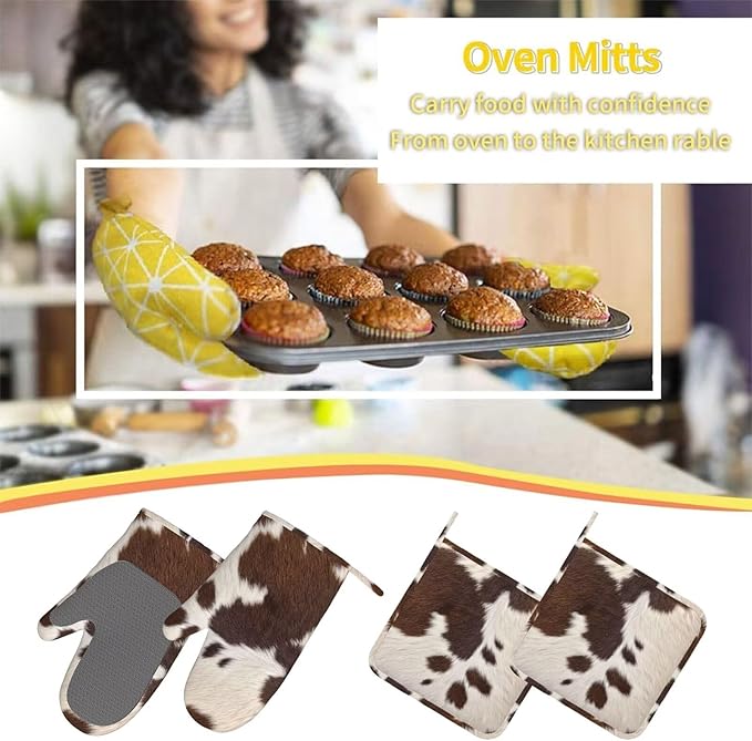 Cow Print Oven Mitts Pot Holders Cooking Apron Set of 5 Silicone Brown Cowhide - Image 7