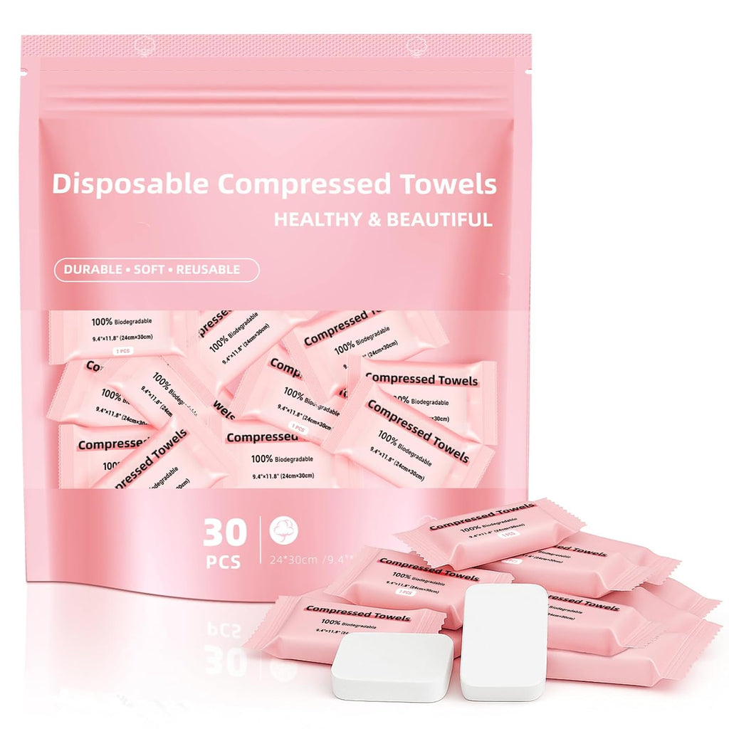 Disposable Compressed Face Towels, Ultra Soft Large Size Compressed Towel Tablets Portable Washcloth Reusable for Travel Camping Hiking Outdoor Sports Beauty Salon (30Pcs)