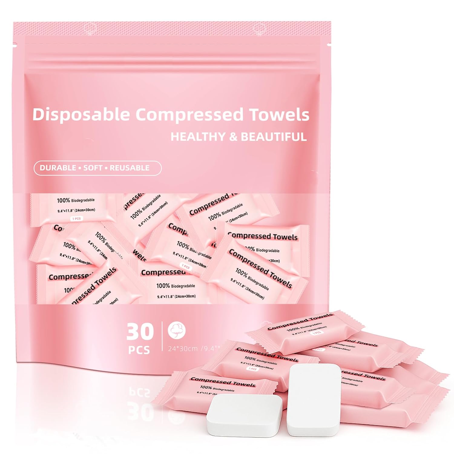 Disposable Compressed Face Towels, Ultra Soft Large Size Compressed Towel Tablets Portable Washcloth Reusable for Travel Camping Hiking Outdoor Sports Beauty Salon (30Pcs)