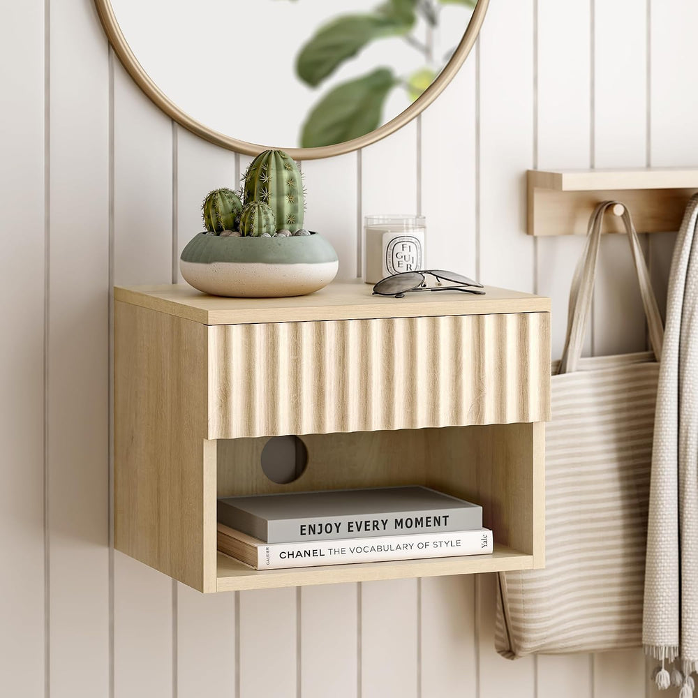 EYYTHUNG Small Floating Nightstand with Drawer, Modern Night Stand with Flute...