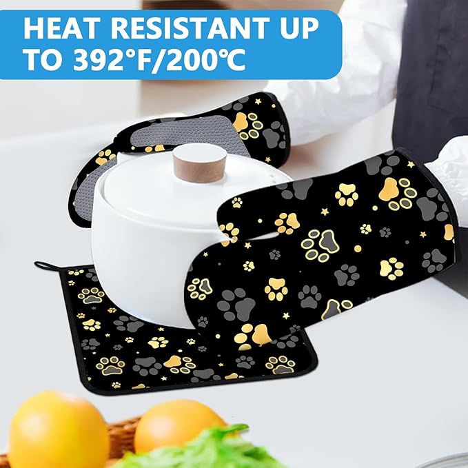 Gold Dog Paw Print Oven Mitts and Pot Holders Sets Heat Resistant 4Pcs - Image 5