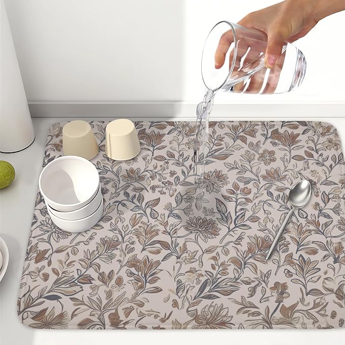 Vintage Floral Dish Drying Mat for Kitchen Counter Brown Antique Flower - Image 6