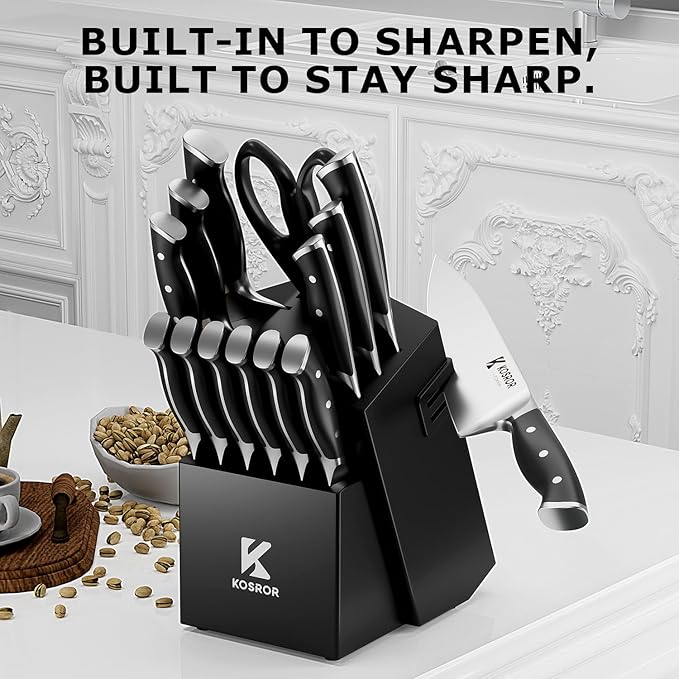 Kitchen Knife Set with Block: 15-Piece German Stainless Steel with Dual - Image 5