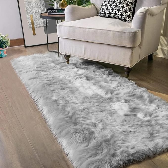 Latepis Runners 2x6 Grey Fur Faux Sheepskin Rug Washable Gray Area Rug Fluffy by Latepis