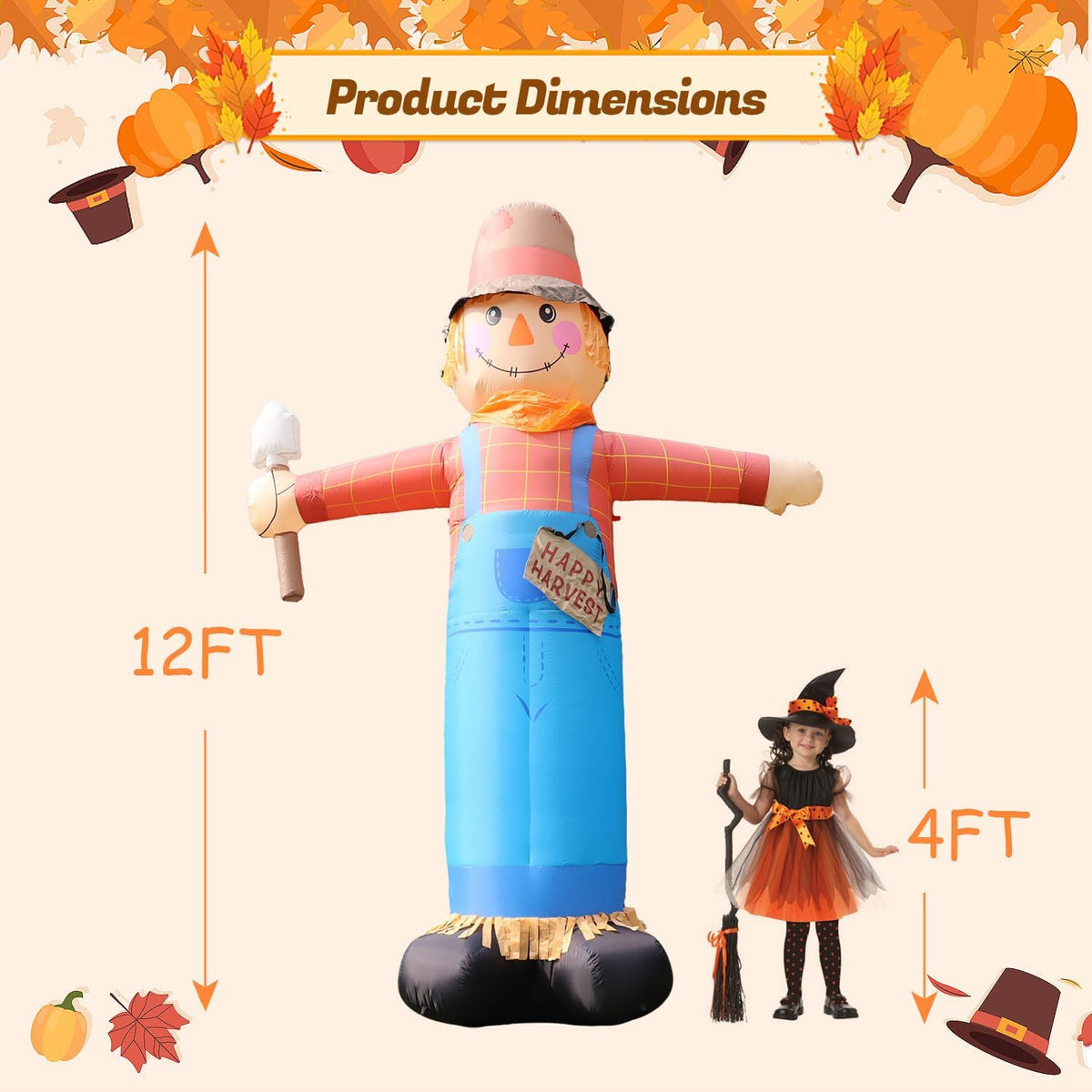 12FT Giant Inflatables Scarecrow Decorations, Fall Harvest Inflatable Yard Decor, Scarecrow Blow Up Yard Decorations for Halloween Thanksgiving Fall Autumn Harvest Lawn Garden